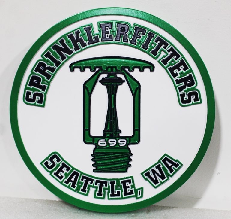 VP-1765 - Carved 2.5-D Multi-Level Plaque of the Logo of the Sprinklerfitters Union, Seattle Washington