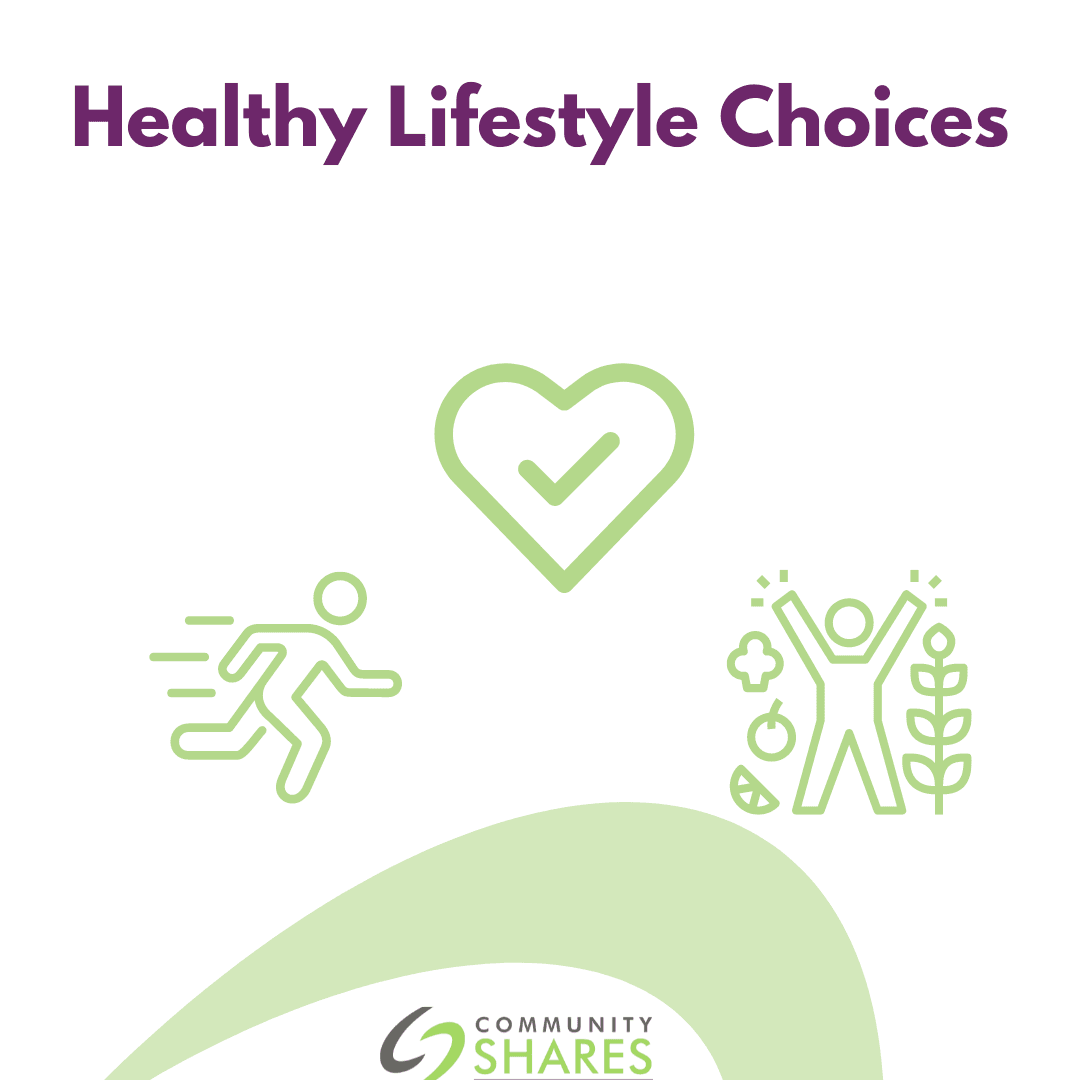 Healthy lifestyle choices written in purple on the top. A person running, a heart, and a person with good food choices.