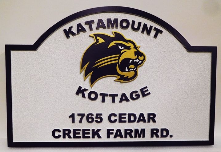 M22914 -  Carved and Sandblasted Cottage  Sign "Katamount Cottage"  features the Head of a Mountain lion