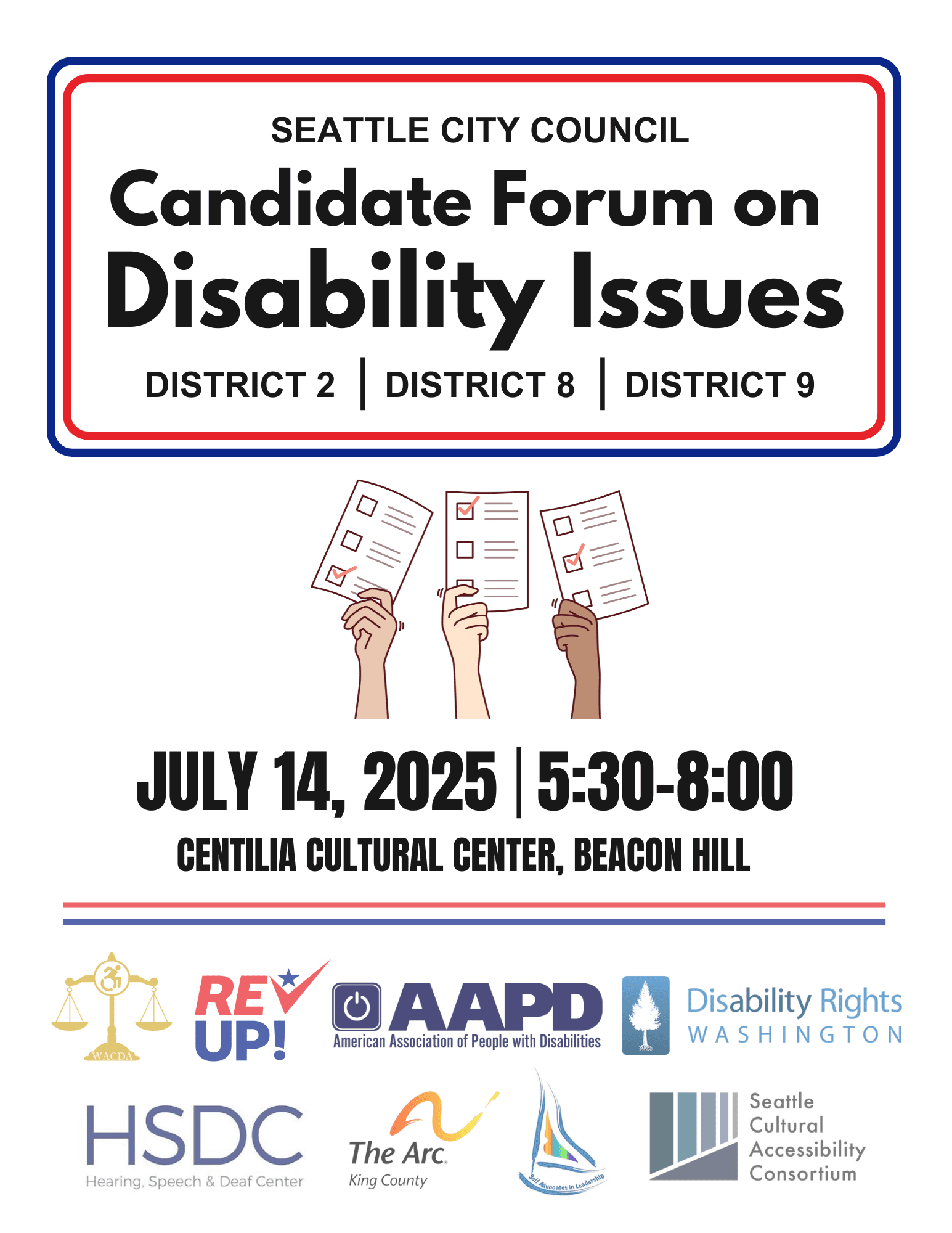 Image of flyer, with hands holding up ballots