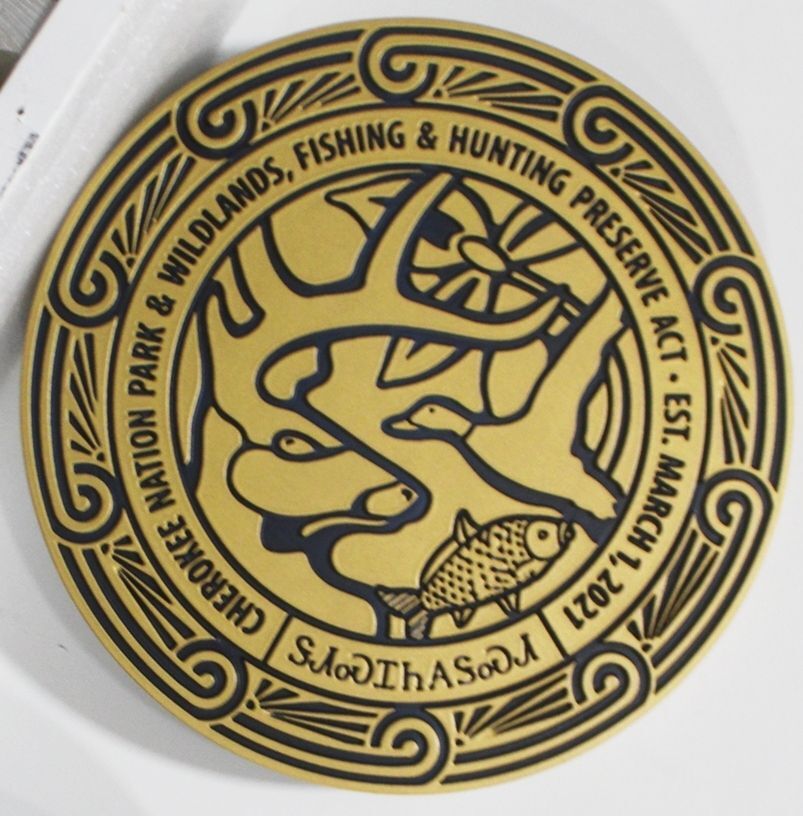 ZP-1254 - Carved Multi-Level Artist-Painted Plaque for the Cherokee Nation -  Park & Wildlands, Fishing and Hunting Preserve Act 