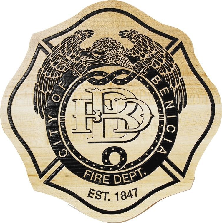 QP-1176 - Carved Engraved Cedar Wood Plaque of the Badge of the Fire Department, City of Benicia, California