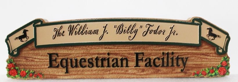 P25029A - Carved 2.5-D and Sandblasted Wood Grain HDU  Entrance Sign for the "William J "Billy" Foder, Jr Equestrian Facility"