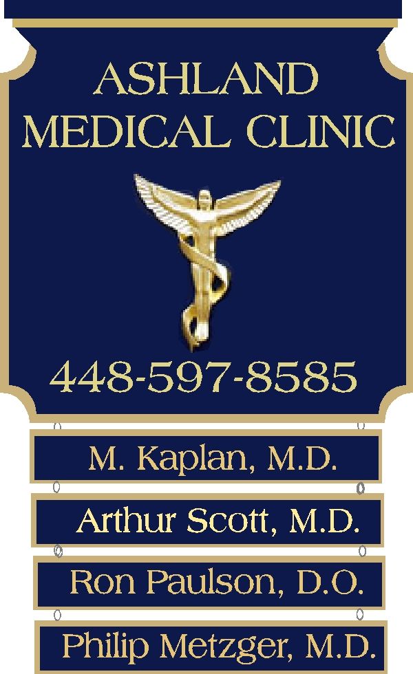B11014A -  Carved Wood Medical Clinic Sign, with multiple Physicians on Hanging Signs