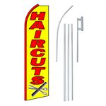 Haircuts Yellow & Red Swooper/Feather Flag+ Pole + Ground Spike