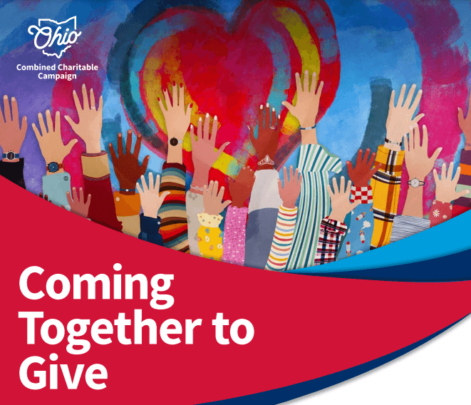 Photo says Coming Together to Give - State of Ohio Combined Charitable Campaign. Includes hearts and various hands raised.