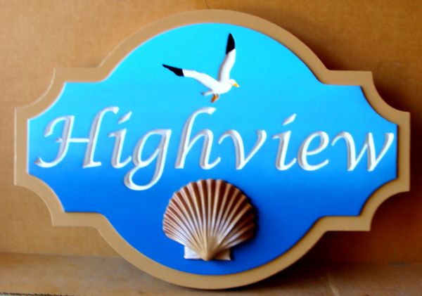 L21613– 3D Carved and Engraved  Coastal Residence Name Sign, “Highview”, with Seagull and Clam Shell