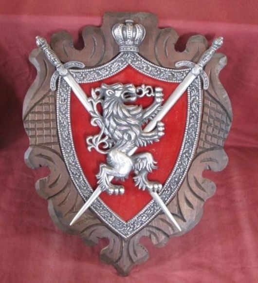 XP-2020 - Carved Shield Wall Plaque of Family Coat-of-Arms with Crown, Rampant Lion, and Shield on Wood Shield  German Silver Plated with Mahogany Wood 