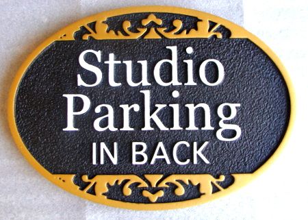 H17338 - Carved HDU "Studio Parking in Back " Sign with Ornate Border  