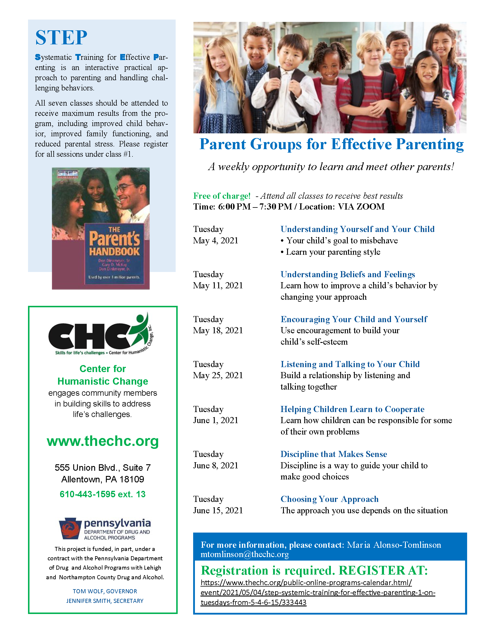 STEP: Systemic Training for Effective Parenting #1 on Tuesdays from 5/4-6/15