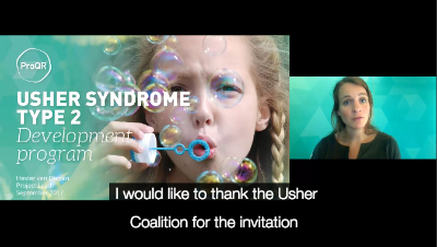 Screenshot of ProQR USH Talk with Hester van Diepen. Text on screen reads: Usher Syndrome Type 2 Development Program. Caption reads: "I would like to thank the Usher Coalition for the invitation..."