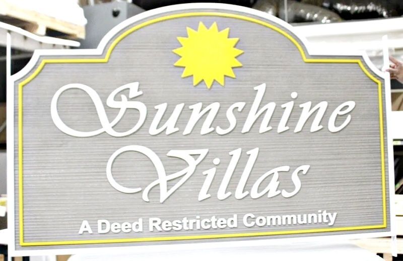 K20114 - Carved and Sandblasted HDU "Sunshine Villas" Sign with Artwork