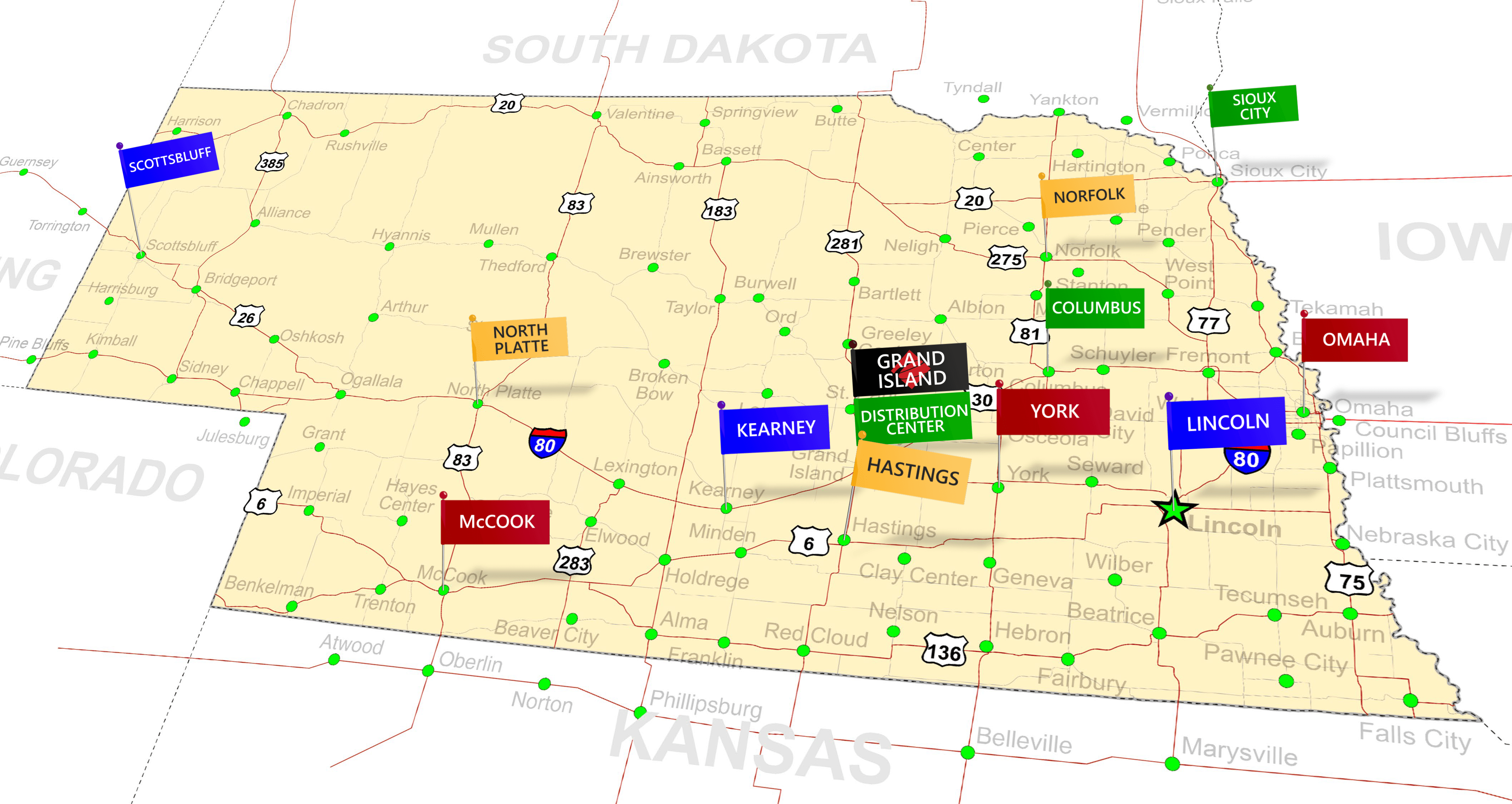 Map of Nebraska with Flags for Eakes Locations