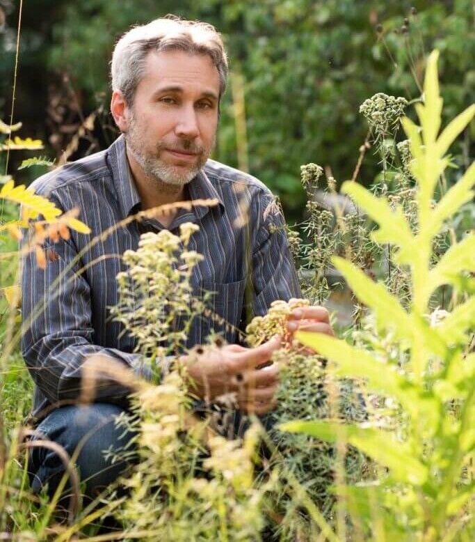 A man wearing a plaid shirt crouches behind some green prairie plants