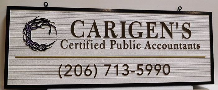 C12104 - Carved  Sign for Carigen's CPA firm,  2.5-D Relief with Raised Text and Border and Sandblasted Wood Grain Background