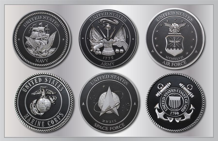IP-1165- Set of Six 3-D Aluminum-Plated Plaques of the Seals of the Six Armed Force Services