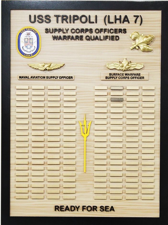 JP-1342 - Carved High-Density-Urethane  Board for List of Supply Corps Officers, Warfare Qualified for the USS Tripoli (LHA 7) 