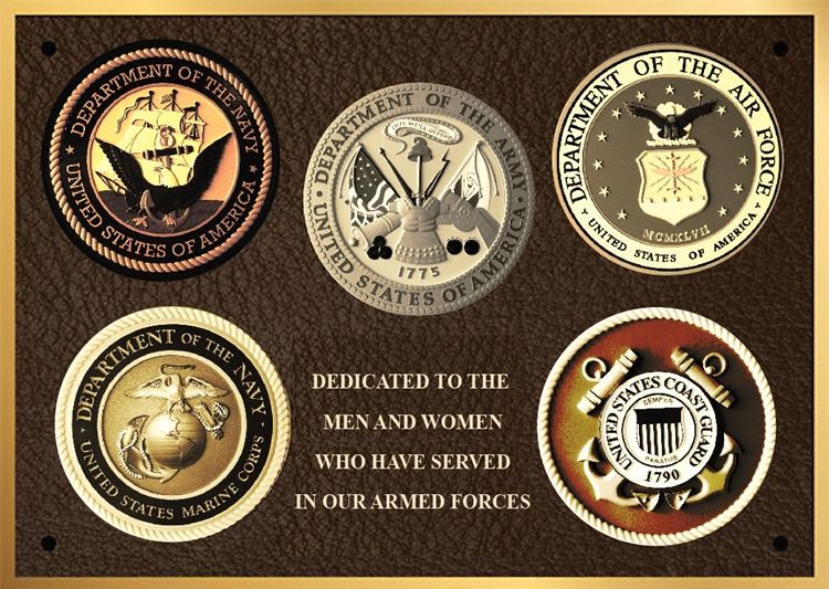 MC2480-  Brass-Plated  Memorial Plaque with Giclee Photos of Armed Forces Seals