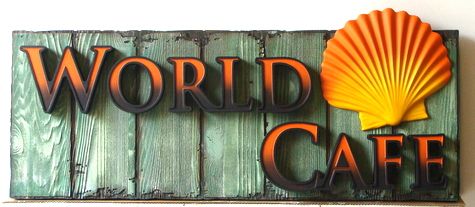 L22247 - Wharf Cafe Sign with Dimensional Letters and 3-D Carved Seashell on an Antiqued Wood Signboard