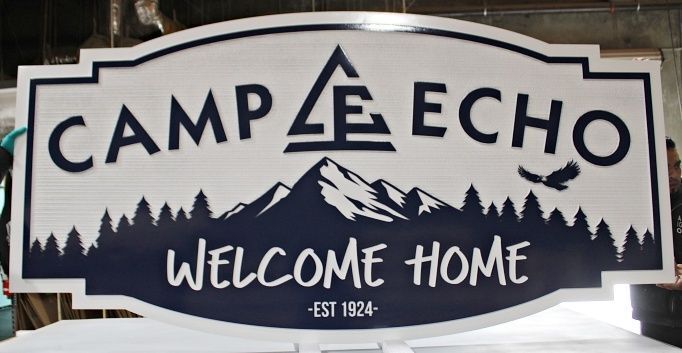 G16300 - Carved HDU Sign for "Camp Echo" with Logo and Artwork