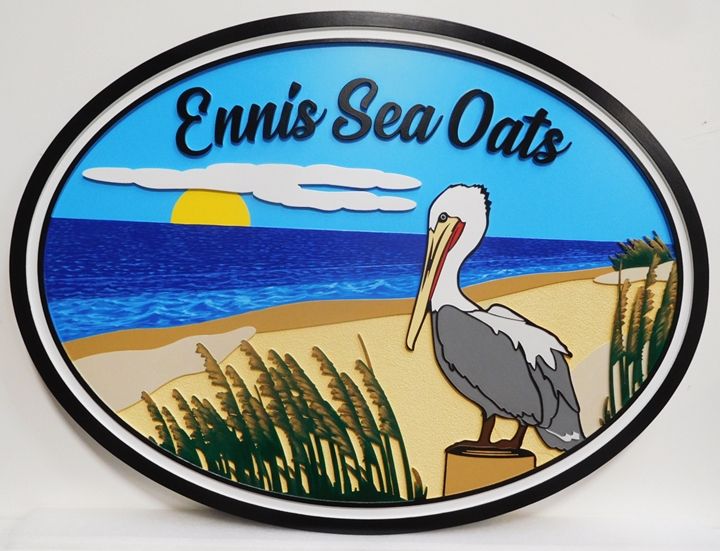 L21604 - Carved Coastal Home Name Sign , "Ennis Sea Oats", with Ocean, Setting Sun,  Pelican, and Sea Oats as Art