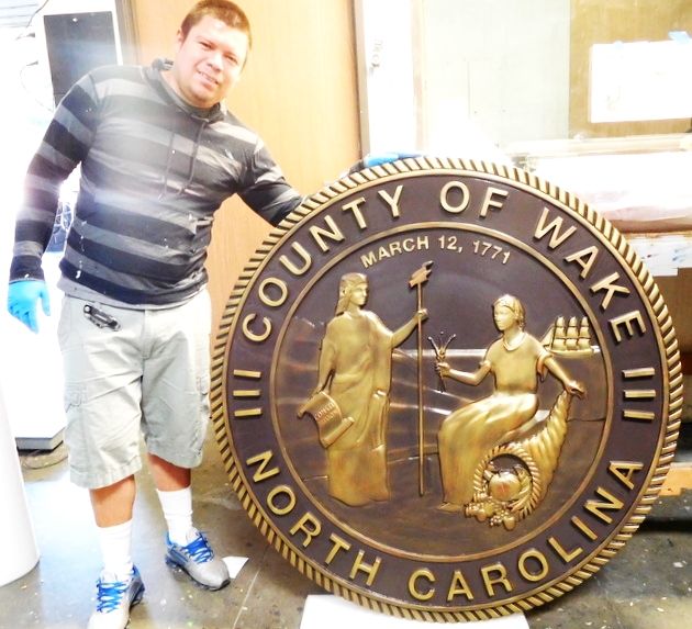 BP-1410 - Carved Plaque of the Great Seal of the State of North Carolina, 3-D Bas-relief, Metallic Bronze Paint
