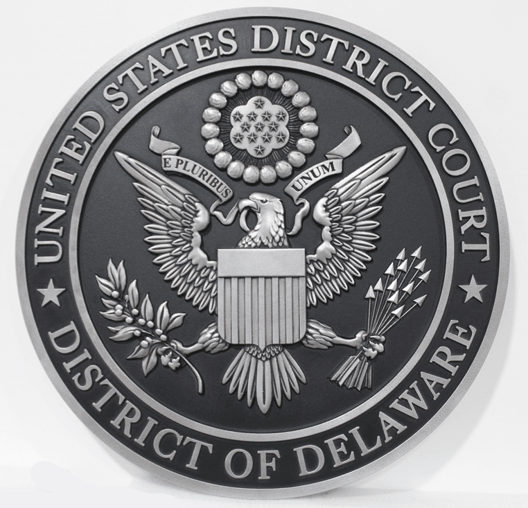 FP-1275 - Carved 3-D Aluminum-Plated HDU Plaque of the  Seal of the US District Court, District of Delaware