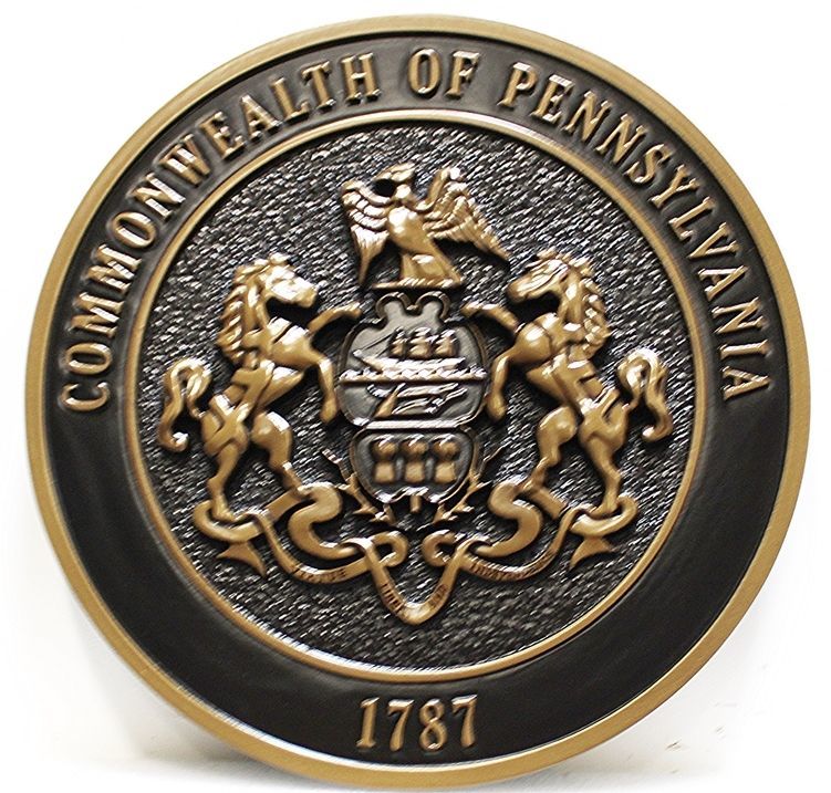 BP-1479 - Carved 3-D HDU  Bronze-Plated Plaque of the Great Seal of the Commonwealth of  of Pennsylvania 
