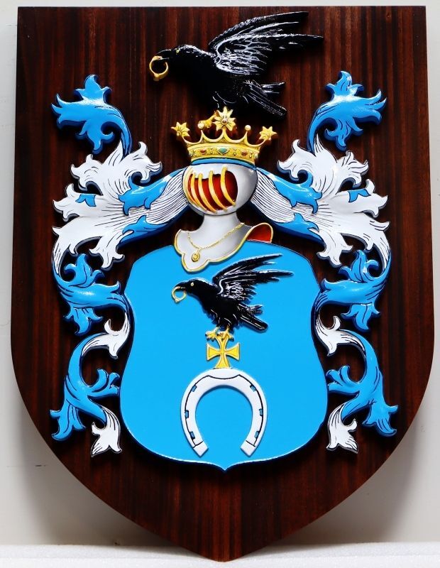 XP-2015 - Family Coat of Arms Plaque with Heraldic Crest, 2.5-D Artist-Painted on Mahogany Shield