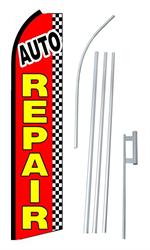 Auto Repair Checkered Swooper/Feather Flag + Pole + Ground Spike