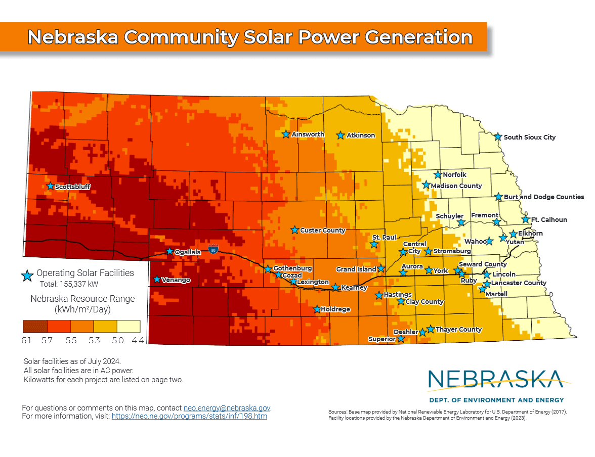 Map of Nebraska created by the Department of Environment and Energy depicting solar generation potential across the state