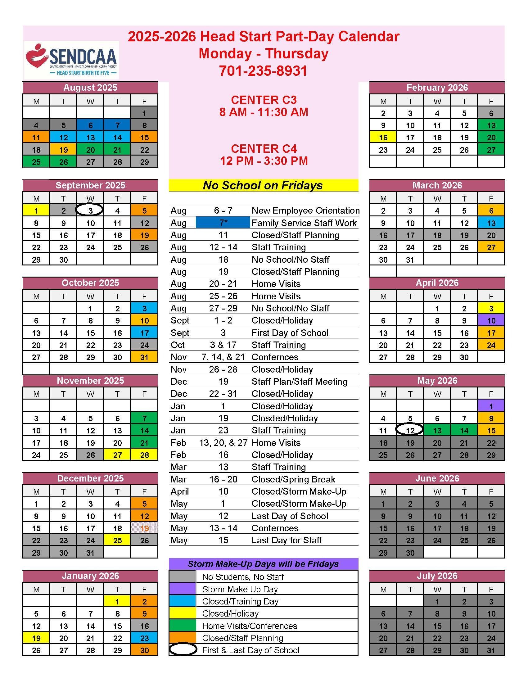 2025-2026 Part-Day Calendar