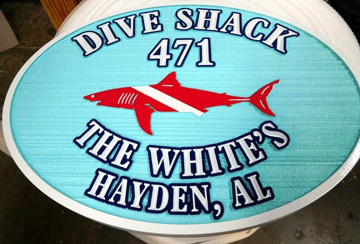 L21385 - Carved and Sandblasted HDU Address Sign "Dive Shack", with Shark