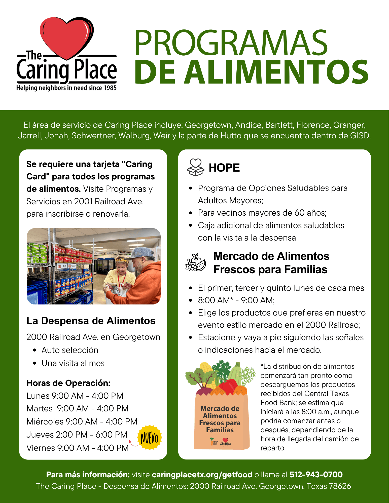 Esta imagen comparte información sobre los programas de alimentos de The Caring Place y los horarios de atención. Aquí puedes conocer más sobre la Despensa de Alimentos, el programa HOPE y Fresh Food For Families.