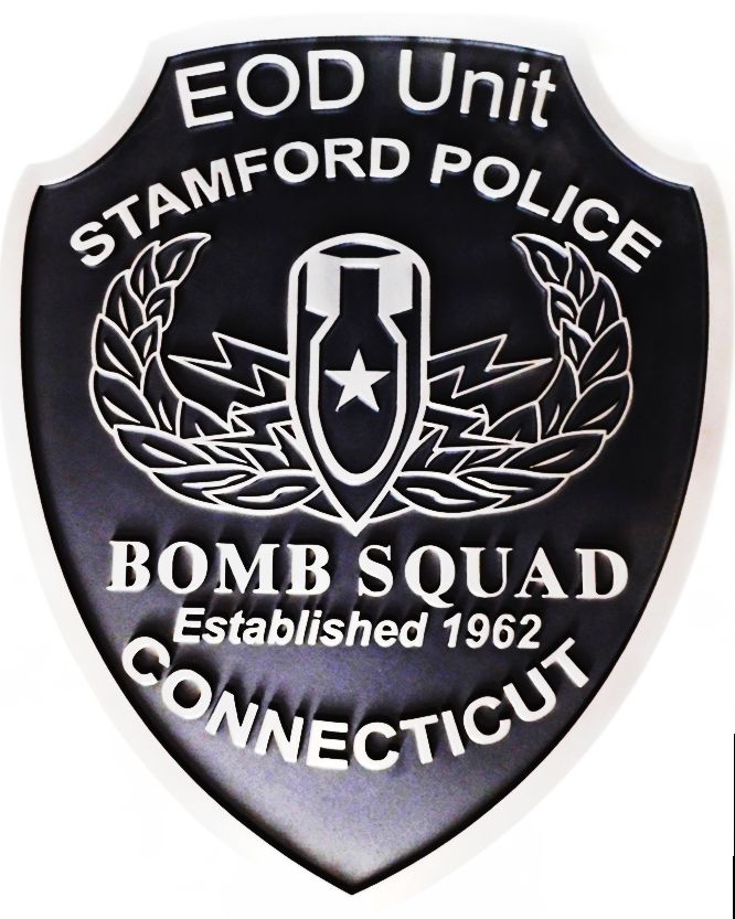 PP-2190 - Carved Plaque of the Shoulder Patch of the Bomb Squad, Stamford Police, Connecticut, 2.5-D Outline Relief, Aluminum-plated
