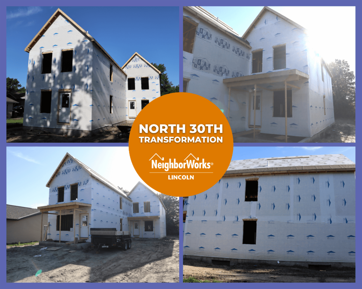 The photo includes four separate images demonstrating construction progress on a duplex unit. In the middle is an orange circle with text that reads: North 30th Transformation. 