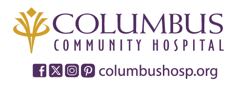 Columbus Community Hospital logo with Facebook, X, Instagram and Pinterest logos and website address