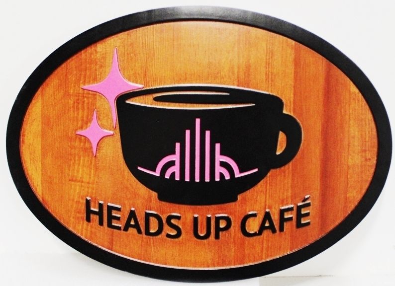 Q25429 - Carved 2.5-D Cedar Wood Sign for the "Heads-Up Cafe"
