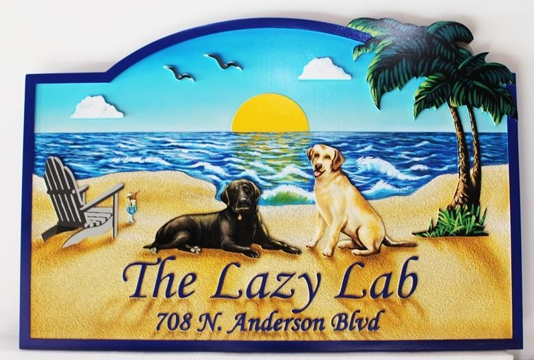 L21091 - Carved Beach House Sign, "The Lazy Lab” , features Two Labrador Retriever Dogs, a Beach Chair with a Drink, and the Setting Sun