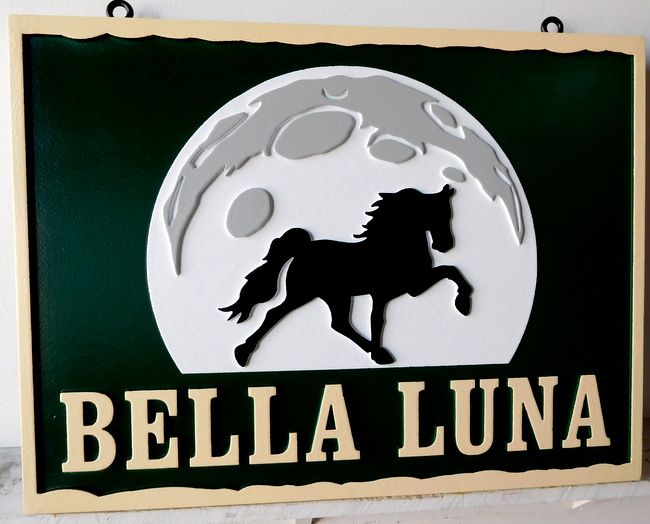 P25054 - Carved HDU For Bella Luna (Beautiful Moon) Horse Stables with Prancing Stallion Crossing the Moon