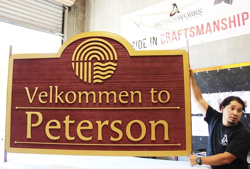 F15382 -  Large  Carved 2.5-D Raised Relief and Sandblasted Wood Grain HDU Entrance Sign "Velkommen to  Peterson" 