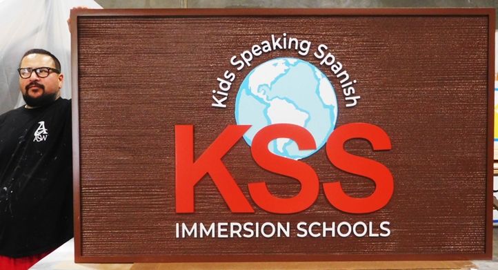 FA15710 - Carved  and Sandblasted Wood Grain HDU Entrance Sign for the "KSS Immersion Schools", with Globe Logo as Artwork