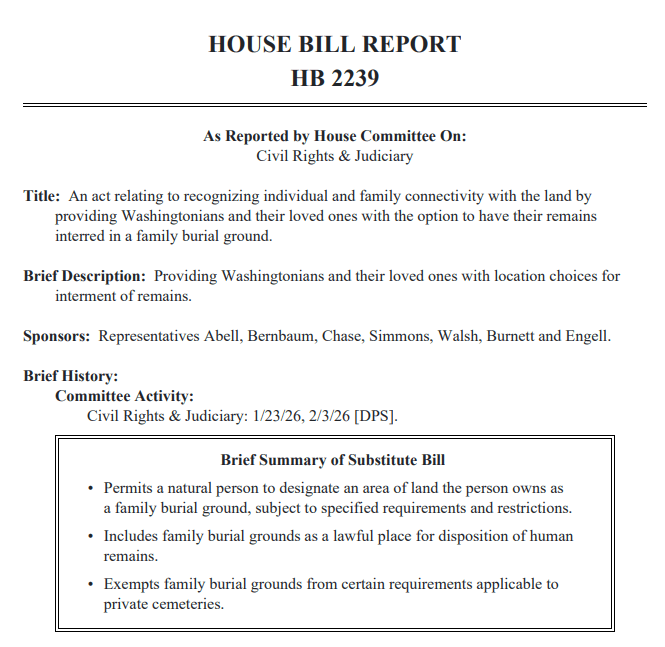 On March 24, 2026, Governor Bob Ferguson signed into law HB 2239: Providing Washingtonians and their loved ones with location choices for interment of remains. This bill legalizes the practice of establishing “family burial grounds.”