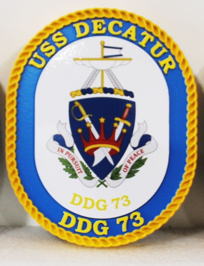 JP-1312A- Carved 2.5-D Multi-Level Artist-Painted Plaque of the Crest of the USS Decatur, Arleigh Burke Class Destroyer DDG 73, US Navy