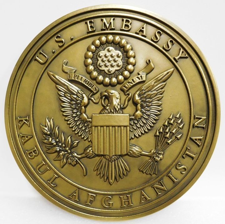 U30311 - Carved 3-D Brass-Plated HDU  Wall Plaque for the US Embassy in Kabul, Afganistan)