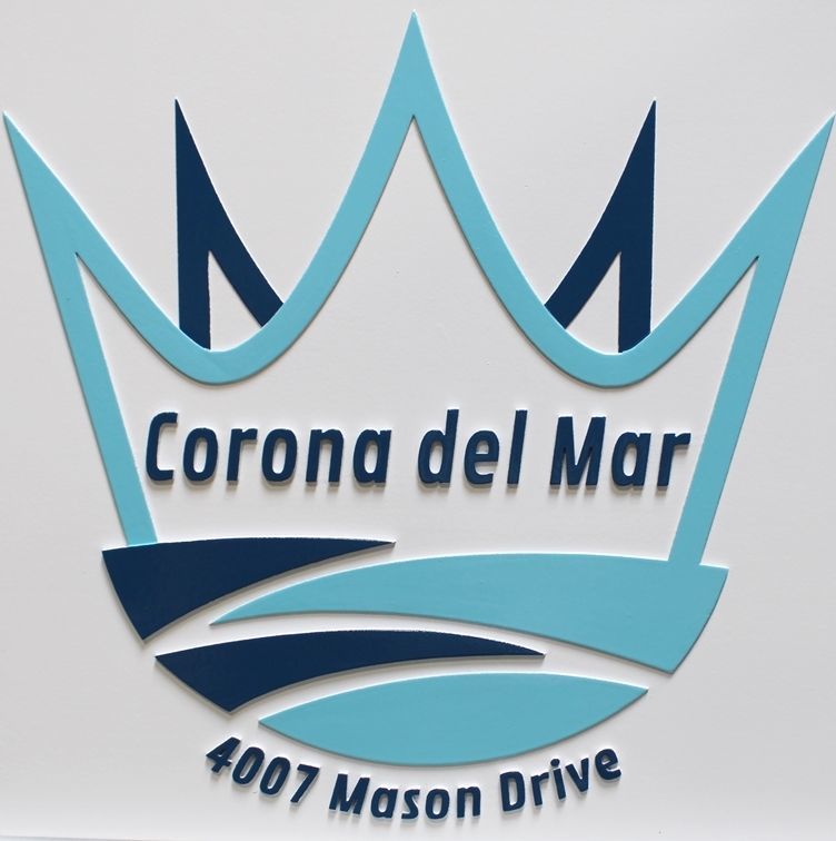 SA28838 - Carved  2.5-D  Multi-level Raised  Relief   HDU   Address Sign  for Corona Del Mar., with a Crown as Artwork