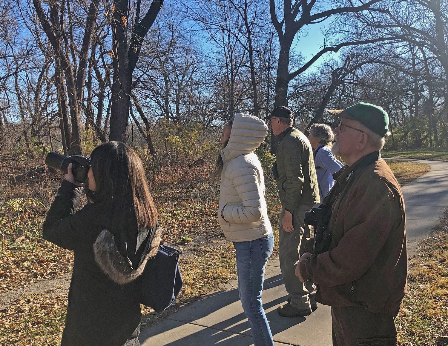 Several birders looking toward trees on the edge of a paved path in fall on a sunny day