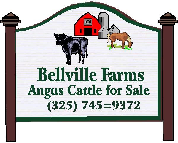 O24822 - Design of Carved HDU or Wood Sign for Farm with Angus Bull, Horse, Barn, and Silo
