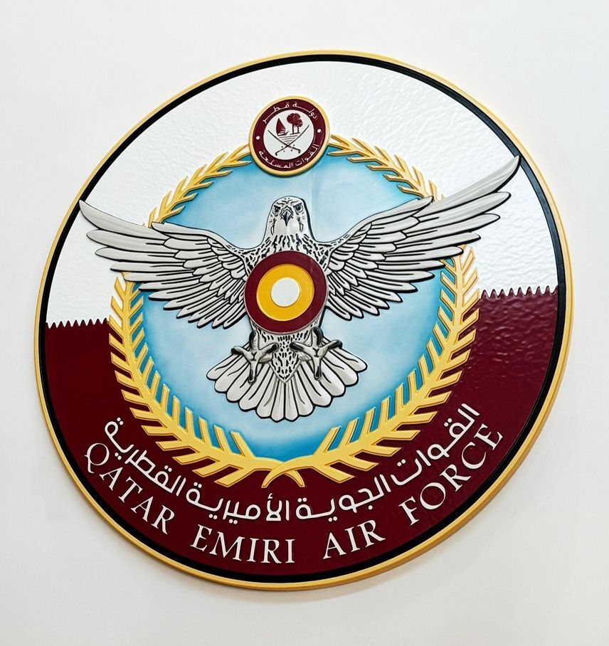OP-1075 - Carved 3-D Bas-Relief Artist-Painted  HDU Plaque of the Emblem for the Qatar Emiri Air Force. Persian Gulf