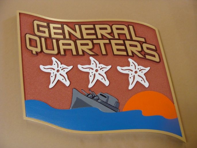 L21946 - Flag-Shaped Warship Beach House Sign "General Headquarters"  Sea, Sun and 3 Stars